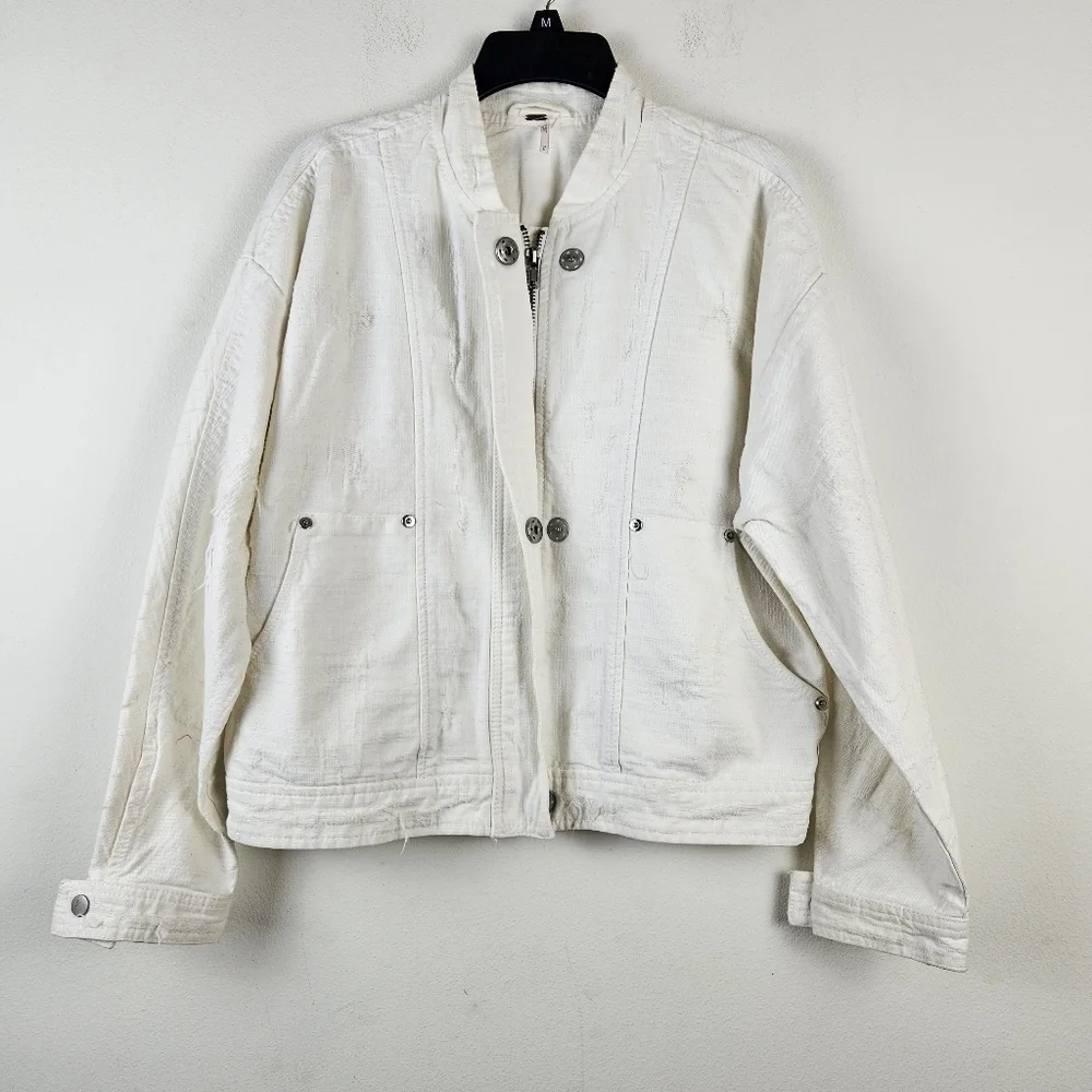 Free People OB407552 White Distressed Tennis Denim Jacket M Boho - Picture 3 of 9